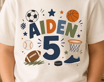 Sports Birthday Shirt, Personalized Name and Age Tee, Kids Sports Party Shirt, Custom Birthday Outfit, Matching Family Shirt