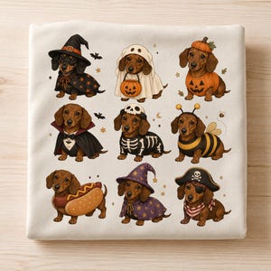 May include: A cream-colored t-shirt featuring a grid of nine illustrations of dachshund dogs in various Halloween costumes, including a witch, a ghost, a pumpkin, a vampire, a skeleton, a bumblebee, a hot dog, a wizard, and a pirate.