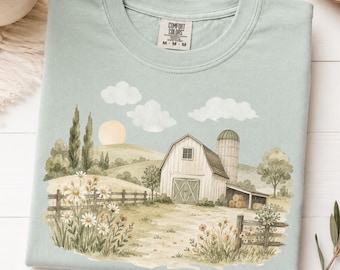 Farmhouse Barn Shirt, Rustic Farm Scene Tee, Cottage core Country Landscape Shirt, 100% Ring-spun Cotton, Adult and Youth Sizes
