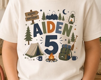Camping Birthday Shirt, Personalized Name and Age Tee, Kids Camper Birthday Party, Outdoor Adventure Birthday Outfit, Happy Birthday Tent