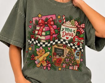 Christmas Teacher Shirt, Comfort Colors Holiday Graphic Tee, Custom Name Teacher Gift, Personalized
