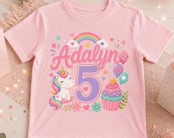 Unicorn Cupcake Birthday Shirt, Personalized Name and Age Custom Party Tee