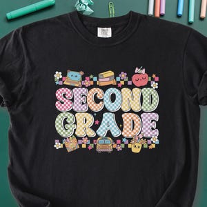 Second Grade Colorful Retro Checker Teacher Shirt 2nd Grade Comfort Colors Back to School, Elementary School First Day Teacher Appreciation