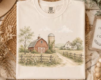 Rustic Farmhouse Shirt, Home Country Barn Landscape Tee, Soft Rural Scene Graphic, Cottagecore Farm, Adult and Youth Sizes, Watercolor Art