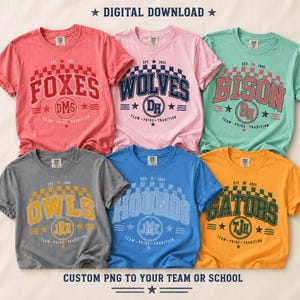 May include: Six short-sleeved t-shirts in coral, pink, mint green, grey, blue, and yellow. Each shirt features a chequered arch, a team name, a circular monogram, and the text "TEAM PRIDE TRADITION". The image includes the text "DIGITAL DOWNLOAD" and "CUSTOM PNG TO YOUR TEAM OR SCHOOL".