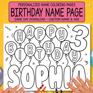 Könnte beinhalten: Eine Schwarz-Weiß-Malvorlage mit dem Text "HAPPY BIRTHDAY SOPHIA 3". Die Wörter sind in Buchstabenblasen, mit "HAPPY BIRTHDAY" in Luftballons. Die Seite ist zum Personalisieren und Ausmalen gedacht.