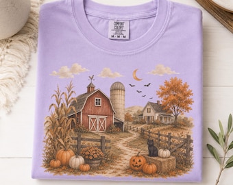 Autumn Barn Shirt, Fall Farm Landscape Tee, Cozy Country Halloween Graphic, 100% Ringspun Cotton, Adult and Youth Sizes