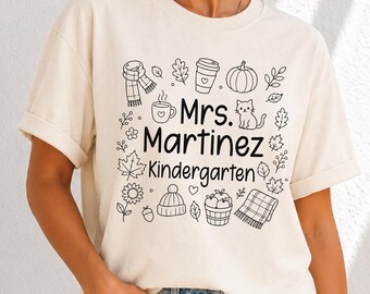 Fall Teacher Shirt Custom Name Personalized Grade Level Autumn Outline Classroom Educator Tee