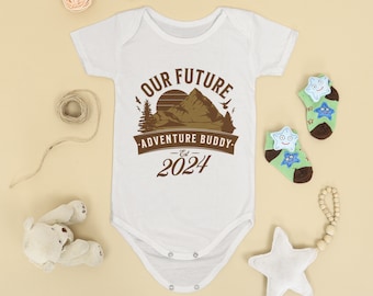 Our Future Adventure Buddy, Infant Bodysuit, Baby Shower Gift, Customized Established Year, National Park Camping Pregnancy Mountain Dad Mom