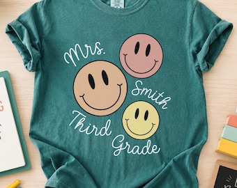 Back to School Tee Personalized Teacher Shirt Custom Name Grade Level Smiley Face Classroom