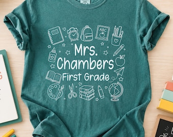 Custom Name Grade Level Personalized Teacher Shirt Outline Classroom Back to School Tee