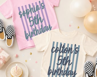 Custom Birthday Shirt Kids Personalized Name Age Color Striped Party Tee Boy Girl