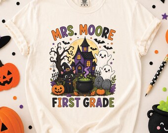 Halloween Teacher Shirt, Custom Name Personalized Grade Level Haunted House Classroom Fall Tee