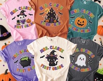 Personalized Halloween Teacher Shirt, Custom Name Grade Level Spooky Classroom Fall Educator Tee