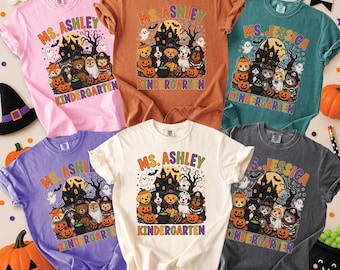 Halloween Teacher Shirt, Puppy, Cats, Woodland Animals Custom Name Personalized Grade Level Classroom Tee