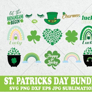 Könnte beinhalten: Ein Set mit digitaler St. Patricks Day-Clipart mit verschiedenen Designs, darunter Kleeblätter, Regenbögen, Töpfe voller Gold, Kobolde und Textphrasen wie "Let the Shenanigans Begin" und "Happy Go Lucky".