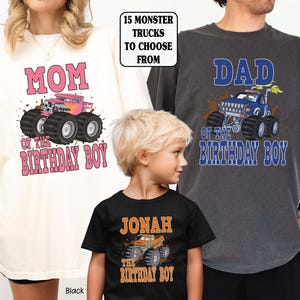 mom dad and birthday boy wearing monster truck shirts pink for mom blue for dad and orange for birthday boy.
