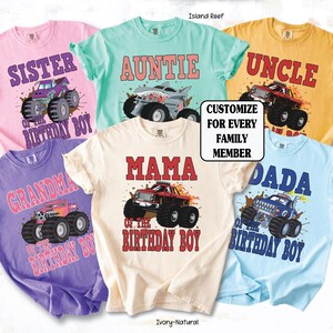 family shirt monster truck custom set, available in different colors, pink/blossom, island reef, mustard, violet, natural, light blue, and 15 monster trucks to choose from.