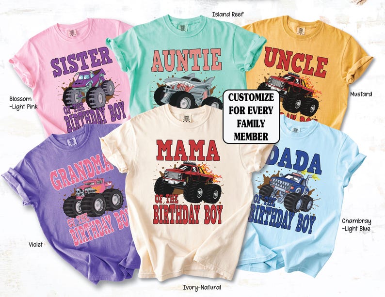family shirt monster truck custom set, available in different colors, pink/blossom, island reef, mustard, violet, natural, light blue, and 15 monster trucks to choose from.