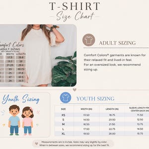 May include: A T-shirt size chart featuring adult and youth sizing tables. The adult section lists sizes S through 4X with widths from 17.5 to 29 inches and lengths from 26.6 to 33.5 inches. The youth section lists sizes XS through XL with measurements in inches.