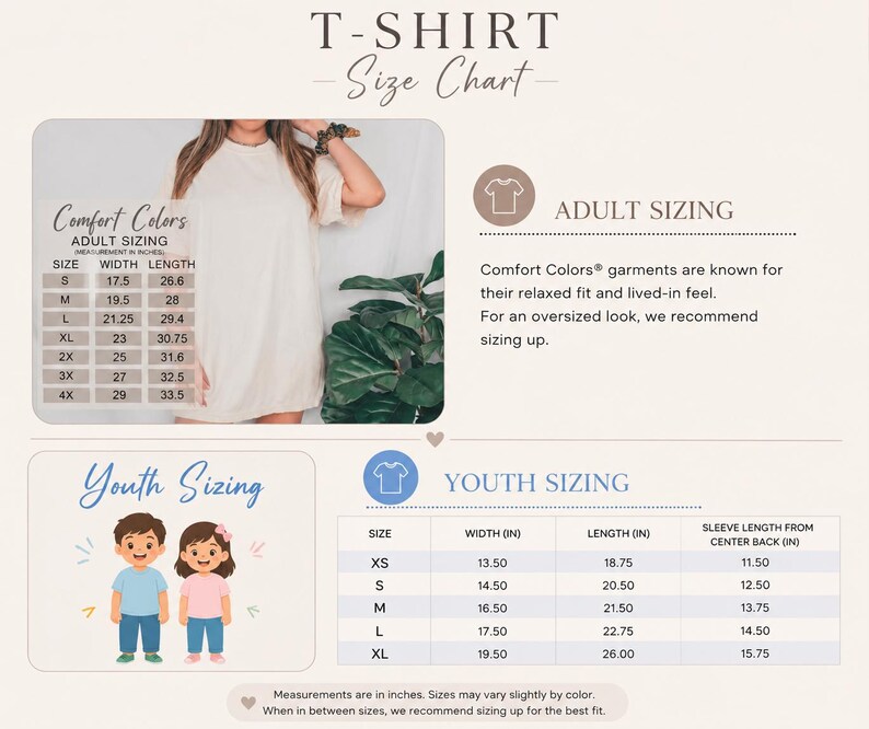 May include: A T-shirt size chart featuring adult and youth sizing tables. The adult section lists sizes S through 4X with widths from 17.5 to 29 inches and lengths from 26.6 to 33.5 inches. The youth section lists sizes XS through XL with measurements in inches.