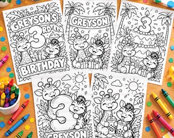 Personalized Safari Birthday Coloring Pages, Custom Name Age Jungle Animal Printable Kids Activity