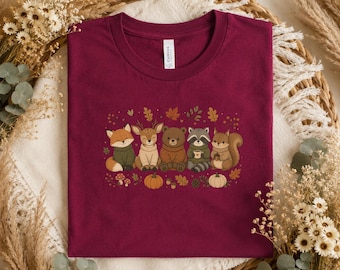 Fall Woodland Shirt, Forest Animals Tee, Autumn Animal Shirt, Bear Fox Deer Raccoon Shirt, Pumpkin Season Shirt