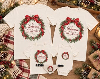 Family Christmas Shirts Matching Holiday Tees Xmas Outfit Wreath 2026 Personalized Custom Last Name