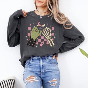 kids costume, adult costume, pinky promise shirt, witch skeleton shirt, halloween shirt, spooky fall shirt, witchy halloween tee, skeleton shirt, pepper comfort colors, cute halloween tee, youth halloween shirt, long sleeve halloween, spooky bestie gift, witch lover gift, fall festival shirt