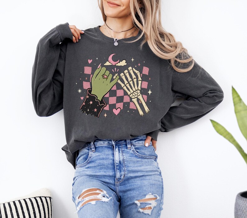 kids costume, adult costume, pinky promise shirt, witch skeleton shirt, halloween shirt, spooky fall shirt, witchy halloween tee, skeleton shirt, pepper comfort colors, cute halloween tee, youth halloween shirt, long sleeve halloween, spooky bestie gift, witch lover gift, fall festival shirt