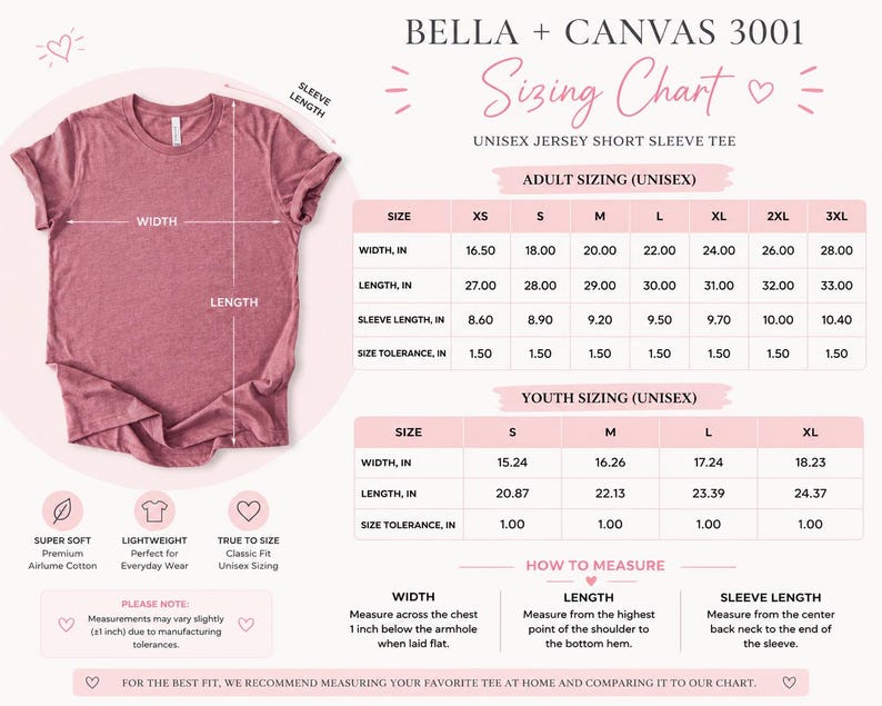 Puede incluir: Una camiseta de manga corta color malva junto a una tabla de tallas Bella + Canvas 3001. La tabla proporciona medidas para adultos y j&oacute;venes en pulgadas para el ancho, largo y largo de manga, junto con instrucciones para medir la prenda.