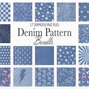 Peut inclure: Une collection de 17 fichiers PNG de motifs denim sans couture. Les motifs comprennent divers motifs tels que des carreaux, des motifs floraux, des imprimés animaliers, des pois, des étoiles, etc. Le texte "Denim Pattern Bundle" est affiché.