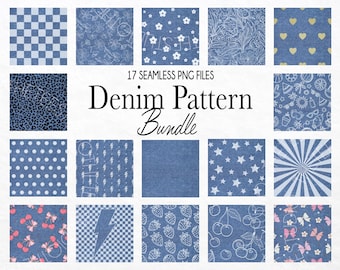 Denim Texture Digital Paper Pack, Cherries, Bows, Stars (PNG, Instant Download)