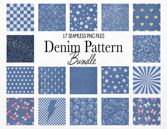 Denim Texture Digital Paper Pack, Cherries, Bows, Stars (PNG, Instant Download)