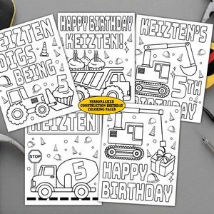 Customizable Construction Themed Birthday Coloring Pages for Kids, Set ...