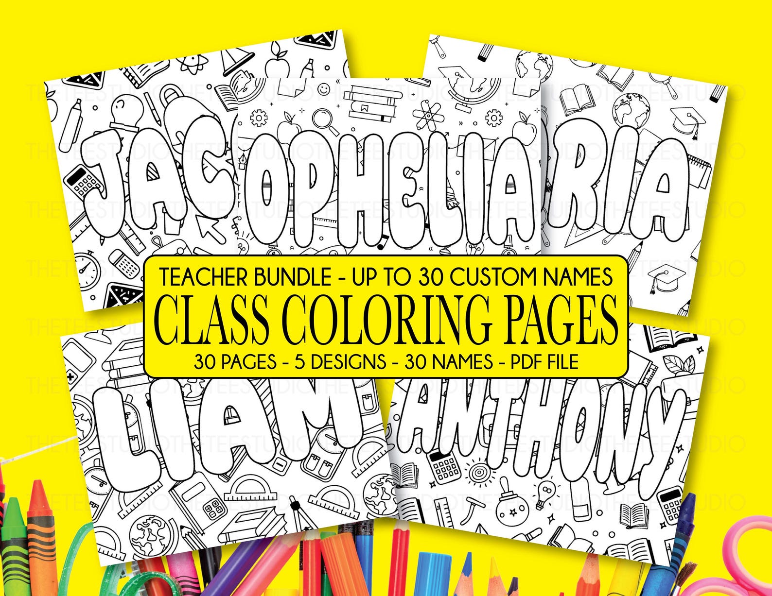 Custom Name Coloring Pages: Back to School Teacher Bundle (PDF Digital ...