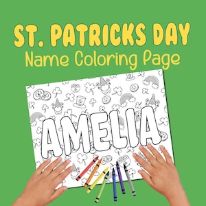 May include: A black and white coloring page featuring the name Amelia in large, bold letters. The page is decorated with a pattern of shamrocks, leprechauns, pots of gold, and rainbows. Crayons are included.