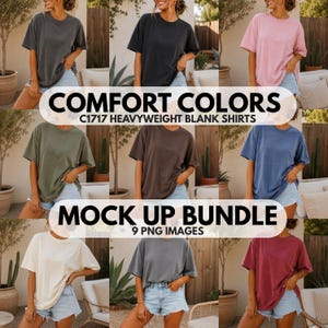 Könnte beinhalten: Eine Sammlung von neun schweren, unifarbenen Comfort Colors C1717 T-Shirts in verschiedenen Farben, darunter Anthrazit, Schwarz, Pink, Oliv, Braun, Blau, Weiß, Grau und Kastanienbraun, dargestellt als Mock-up-Bundle mit neun PNG-Bildern.