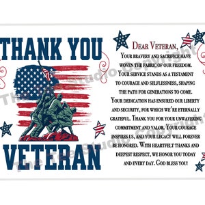 May include: A patriotic thank you card for veterans. It features a red, white, and blue American flag with a group of soldiers in front of it. The text reads "Thank You Veteran" and includes a message of gratitude for their service and sacrifice.