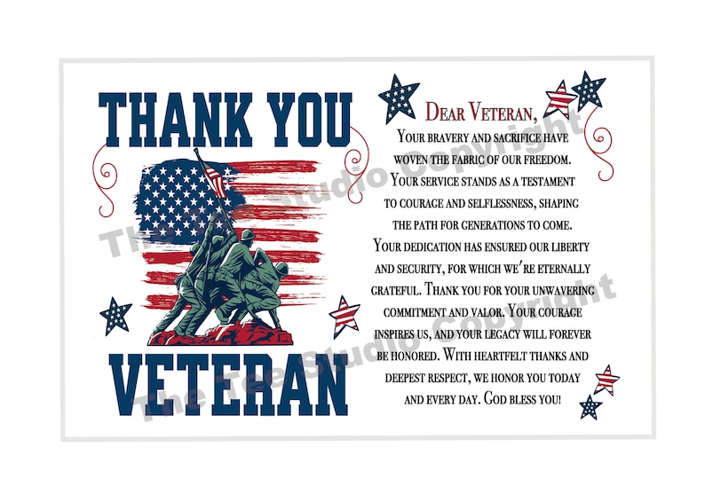 May include: A patriotic thank you card for veterans. It features a red, white, and blue American flag with a group of soldiers in front of it. The text reads "Thank You Veteran" and includes a message of gratitude for their service and sacrifice.