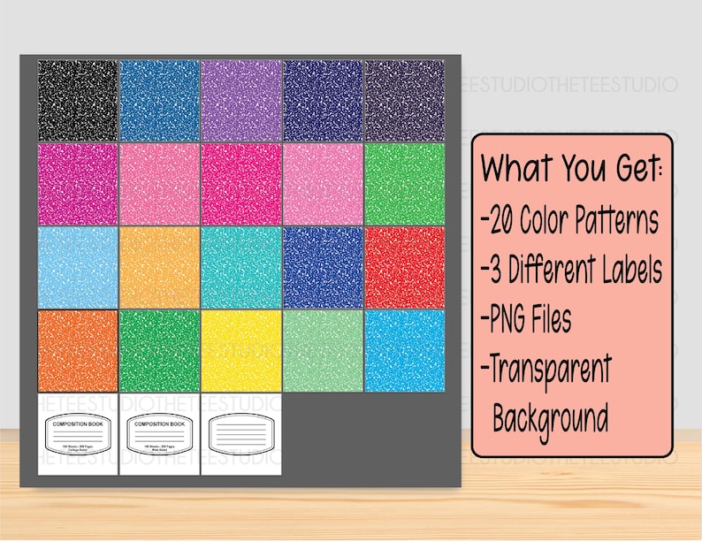 May include: A digital design featuring a grid of 20 glitter-textured color patterns, including black, blue, purple, pink, and green. Below the grid are three composition book labels. A pink rectangle on the right lists the contents: 20 color patterns, 3 labels, PNG files, and a transparent background.