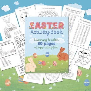 Könnte beinhalten: Ein farbenfrohes Oster-Aktivitätsbuch mit einem Hasen auf dem Cover. Das Buch enthält 30 Seiten mit spannenden Aktivitäten rund um das Thema Eier! Das Buch beinhaltet Aktivitäten wie Malen, Nachzeichnen und Labyrinthe.