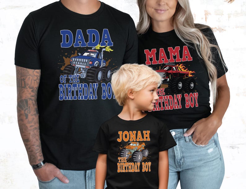 matching family wearing all black shirts with dada blue monster truck, mama red monster truck and birthday boy orange monster truck.
