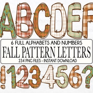 May include: A digital graphic featuring fall-themed letters and numbers. The letters A, B, C, D, E, and F, along with numbers 1 through 6, an exclamation point, and a question mark, are displayed. The letters and numbers have a patchwork design with autumn leaves and plaid patterns.