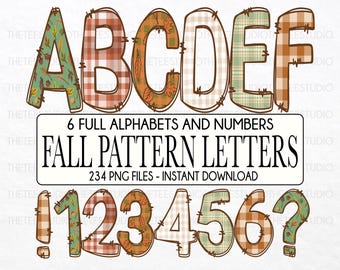 May include: A digital graphic featuring fall-themed letters and numbers. The letters A, B, C, D, E, and F, along with numbers 1 through 6, an exclamation point, and a question mark, are displayed. The letters and numbers have a patchwork design with autumn leaves and plaid patterns.