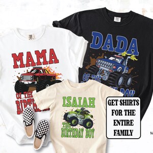 monster truck family shirts, red mama truck, blue dada truck, green birthday boy shirt