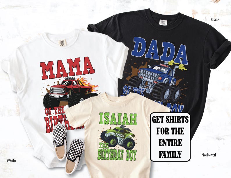 monster truck family shirts, red mama truck, blue dada truck, green birthday boy shirt
