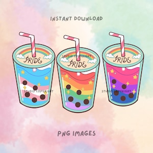 Cute Pride Boba png-bundel | LGBTQIA+ bubble tea-clipart | Gay lesbische trans Bi-vlag kunst | Digitale download | Kawaii Pride-afbeeldingen drankje