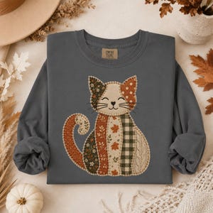 womens shirt, cat shirt, fall shirt, long sleeve shirt, graphic tee, autumn tee, comfort colors, patchwork cat, cozy shirt, cat lover gift, seasonal shirt, womens fall shirt, cute cat shirt