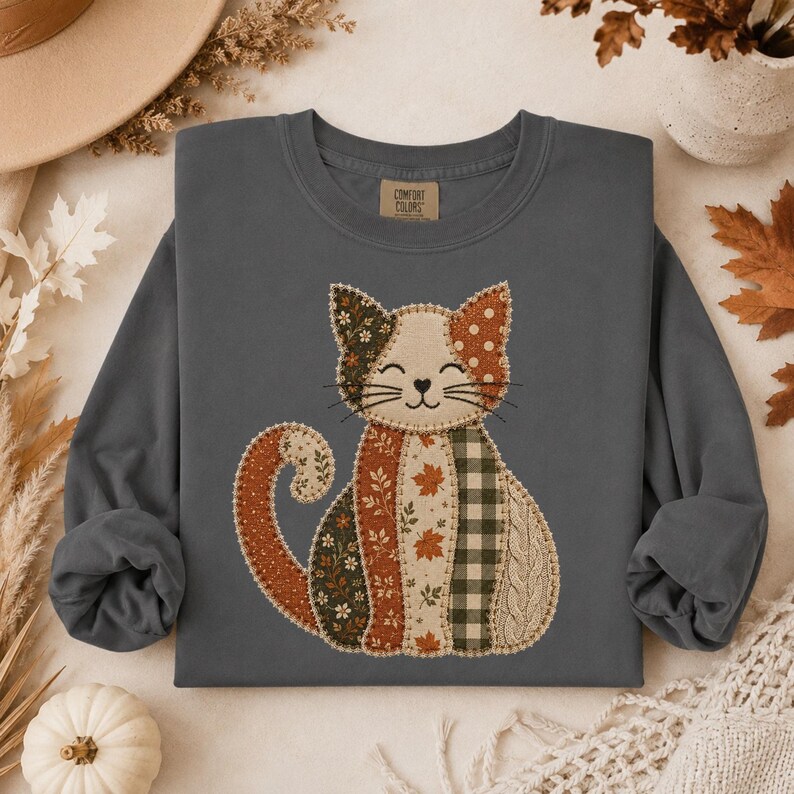 womens shirt, cat shirt, fall shirt, long sleeve shirt, graphic tee, autumn tee, comfort colors, patchwork cat, cozy shirt, cat lover gift, seasonal shirt, womens fall shirt, cute cat shirt